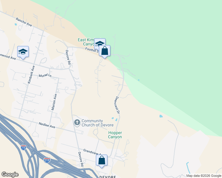 map of restaurants, bars, coffee shops, grocery stores, and more near 1166 Deercrest Drive in San Bernardino