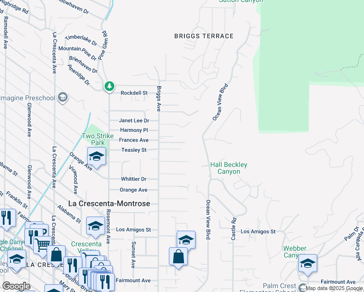 map of restaurants, bars, coffee shops, grocery stores, and more near 2325 Teasley Street in La Crescenta-Montrose