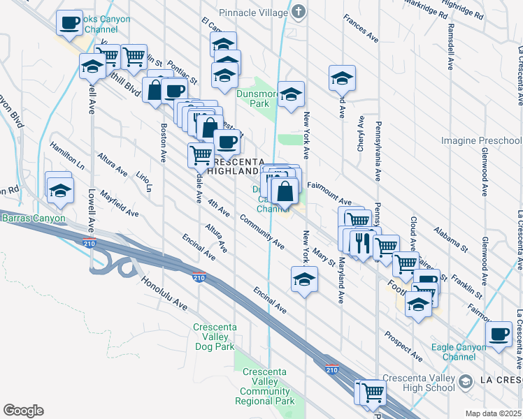 map of restaurants, bars, coffee shops, grocery stores, and more near 3517 Fairchild Street in Glendale