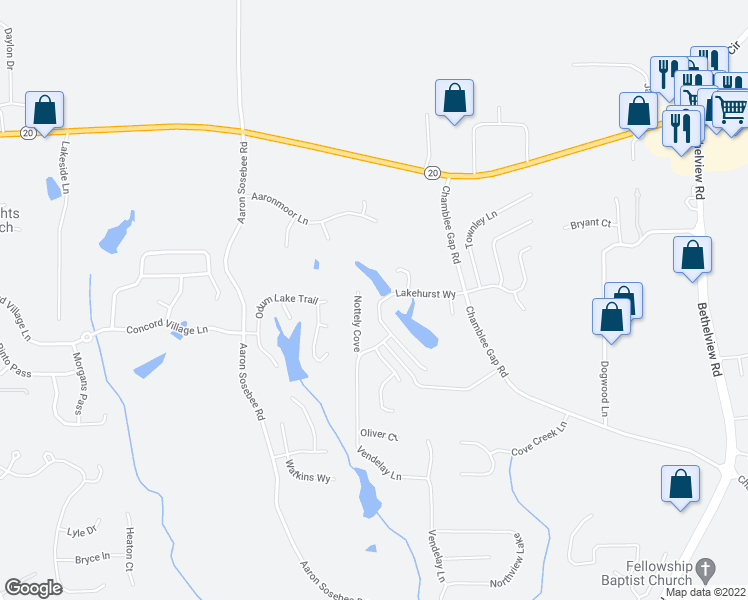 map of restaurants, bars, coffee shops, grocery stores, and more near 3740 Lakehurst Way in Cumming