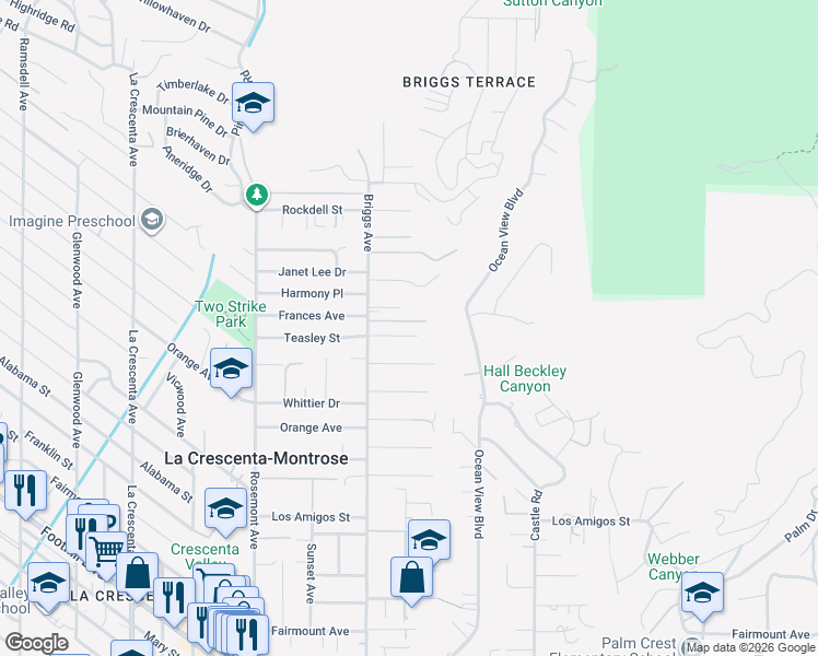 map of restaurants, bars, coffee shops, grocery stores, and more near 2325 Teasley Street in La Crescenta-Montrose