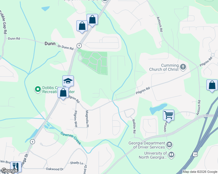 map of restaurants, bars, coffee shops, grocery stores, and more near 1735 Pilgrim Road in Cumming