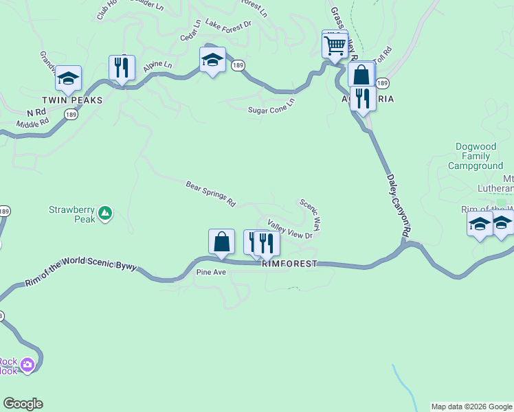 map of restaurants, bars, coffee shops, grocery stores, and more near 1139 Bear Spring Road in Rimforest