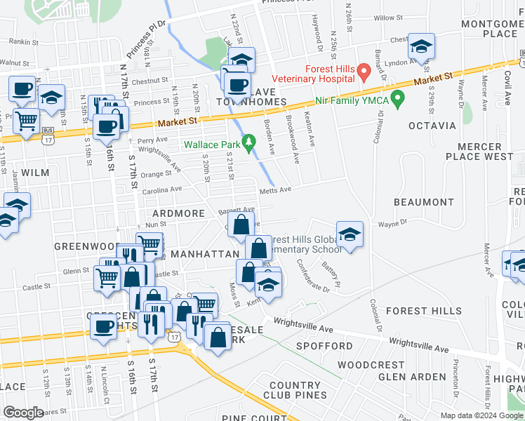 map of restaurants, bars, coffee shops, grocery stores, and more near 2204 Barnett Avenue in Wilmington
