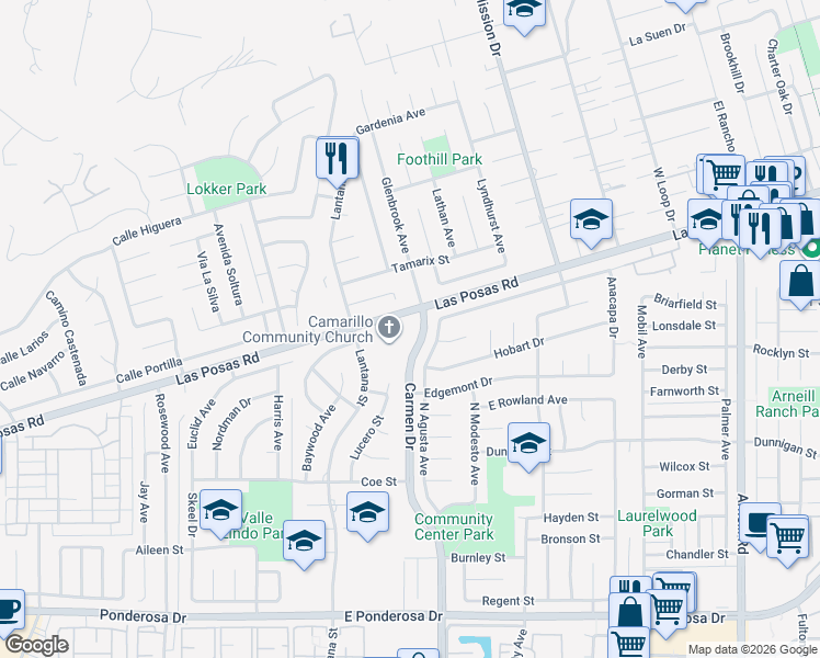 map of restaurants, bars, coffee shops, grocery stores, and more near 1601 Carmen Drive in Camarillo
