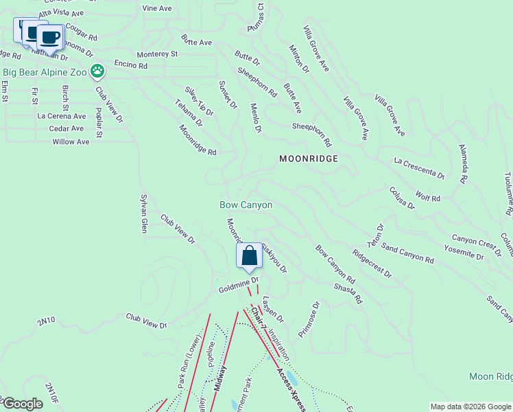 map of restaurants, bars, coffee shops, grocery stores, and more near 43240 Deer Canyon Road in Big Bear Lake