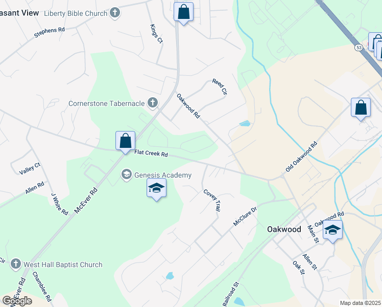 map of restaurants, bars, coffee shops, grocery stores, and more near 4022 Flat Creek Road in Oakwood