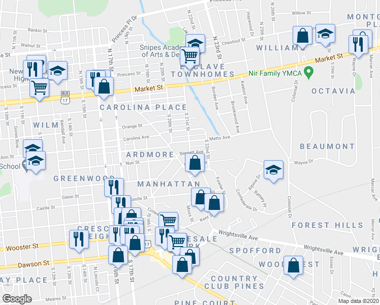 map of restaurants, bars, coffee shops, grocery stores, and more near 398 South 21st Street in Wilmington