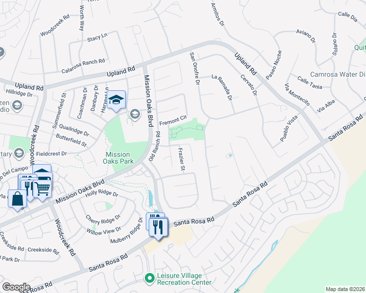 map of restaurants, bars, coffee shops, grocery stores, and more near 1590 Frazier Street in Camarillo