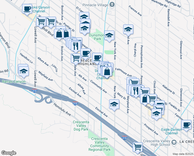 map of restaurants, bars, coffee shops, grocery stores, and more near 3521 Fairchild Street in Glendale