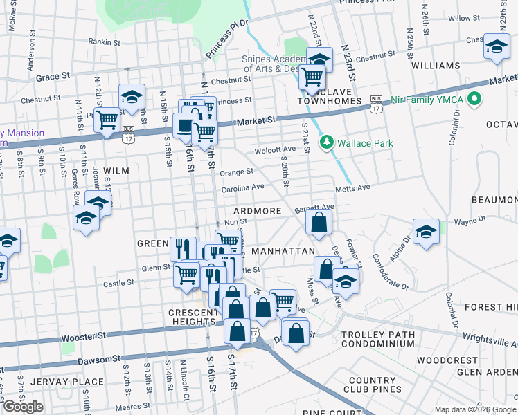 map of restaurants, bars, coffee shops, grocery stores, and more near in Wilmington