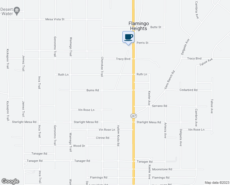 map of restaurants, bars, coffee shops, grocery stores, and more near 1121 Cherokee Trail in Yucca Valley