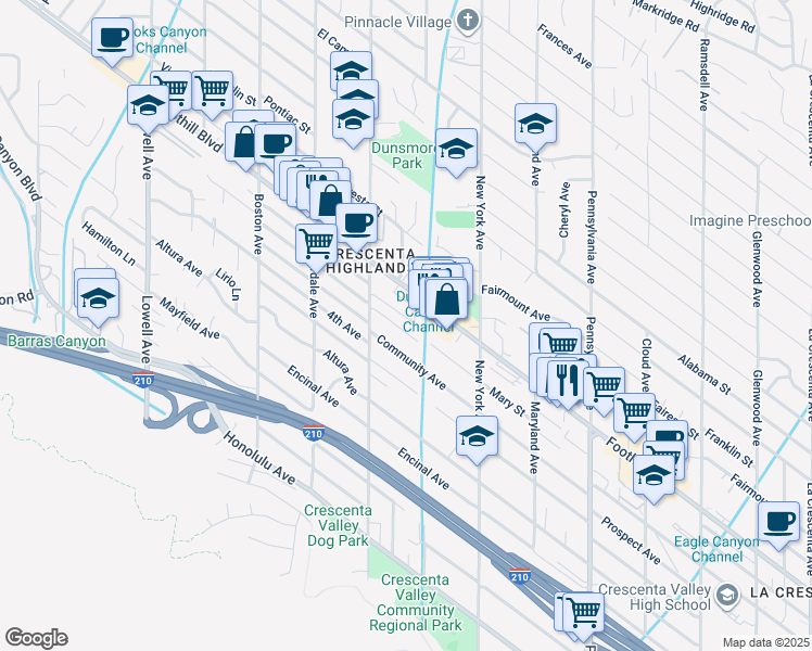map of restaurants, bars, coffee shops, grocery stores, and more near 3521 Fairchild Street in Glendale
