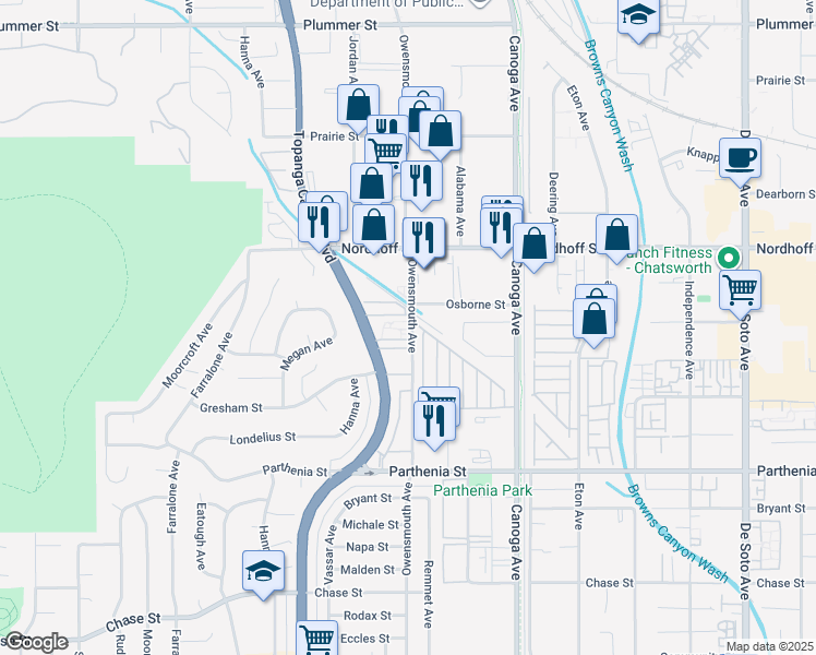 map of restaurants, bars, coffee shops, grocery stores, and more near 8930 Topanga Canyon Boulevard in Los Angeles