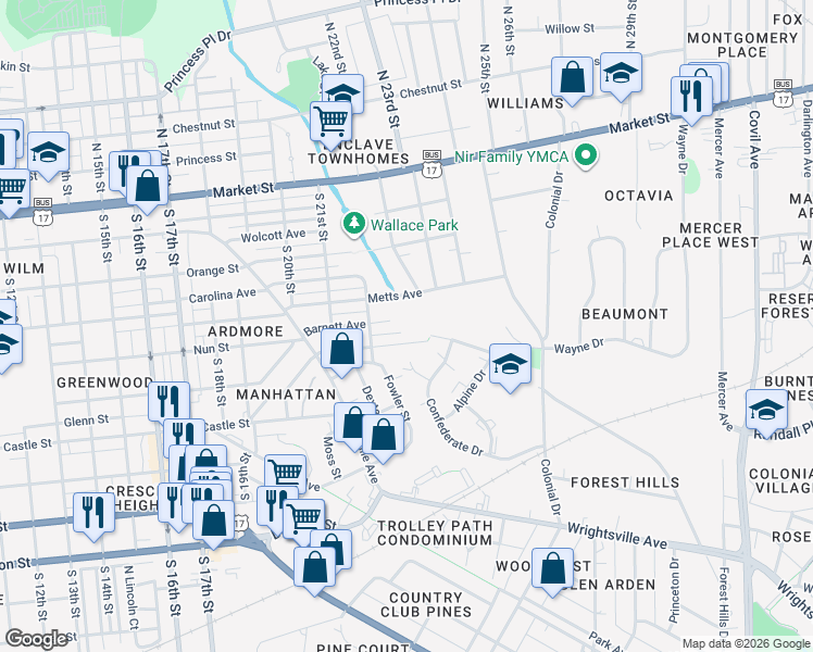 map of restaurants, bars, coffee shops, grocery stores, and more near 2311 Gibson Avenue in Wilmington