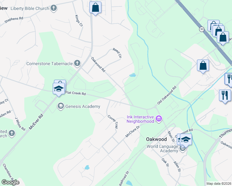 map of restaurants, bars, coffee shops, grocery stores, and more near 3951 Oakwood Road in Oakwood