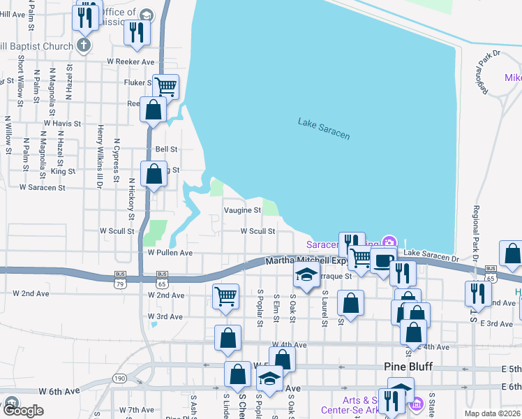 map of restaurants, bars, coffee shops, grocery stores, and more near 1005 Vaugine Street in Pine Bluff