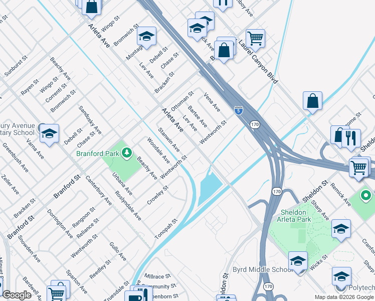 map of restaurants, bars, coffee shops, grocery stores, and more near 13053 Wentworth Street in Los Angeles