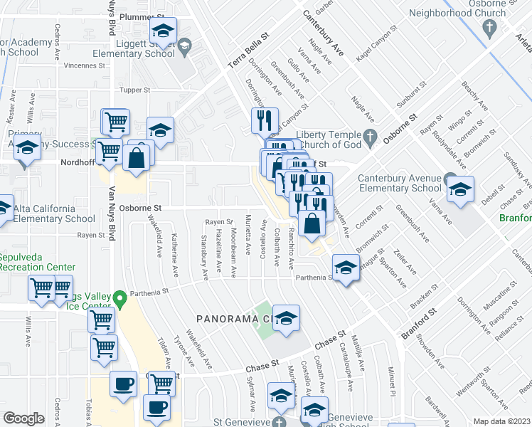 map of restaurants, bars, coffee shops, grocery stores, and more near 8943 Costello Avenue in Los Angeles