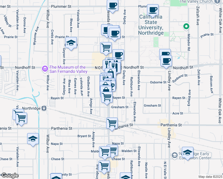 map of restaurants, bars, coffee shops, grocery stores, and more near 8940 Reseda Boulevard in Los Angeles