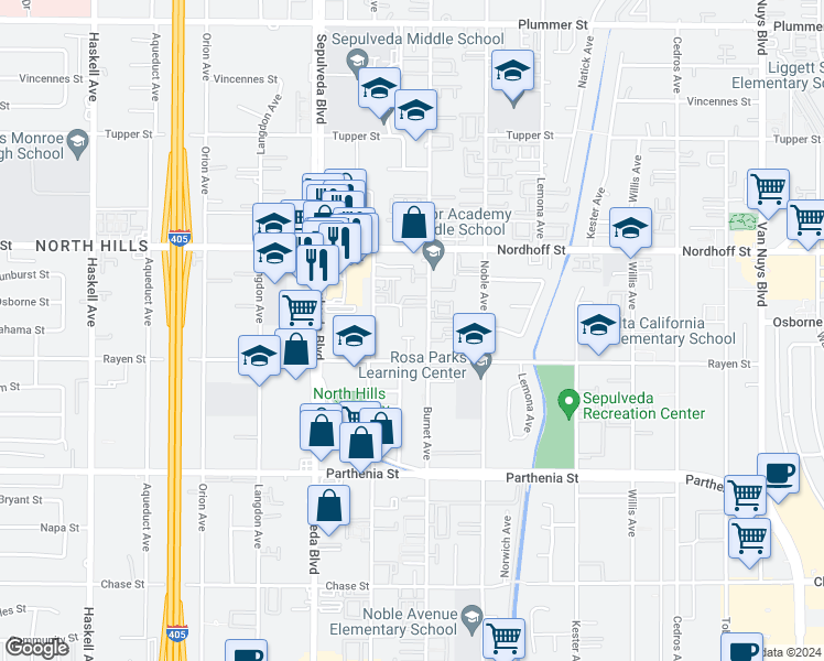 map of restaurants, bars, coffee shops, grocery stores, and more near 8935 Burnet Avenue in Los Angeles