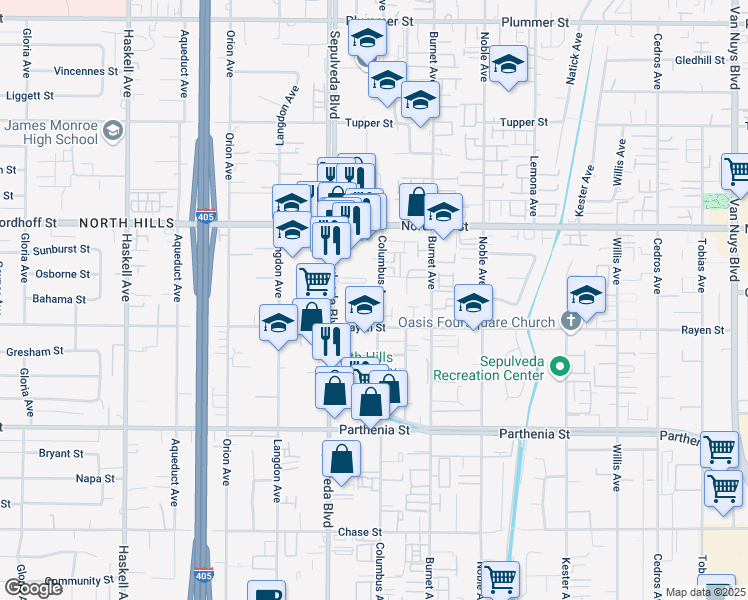 map of restaurants, bars, coffee shops, grocery stores, and more near 8931 Columbus Avenue in Los Angeles