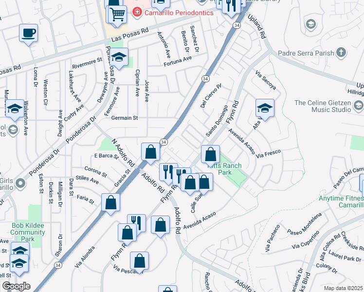 map of restaurants, bars, coffee shops, grocery stores, and more near 1571 Flynn Road in Camarillo