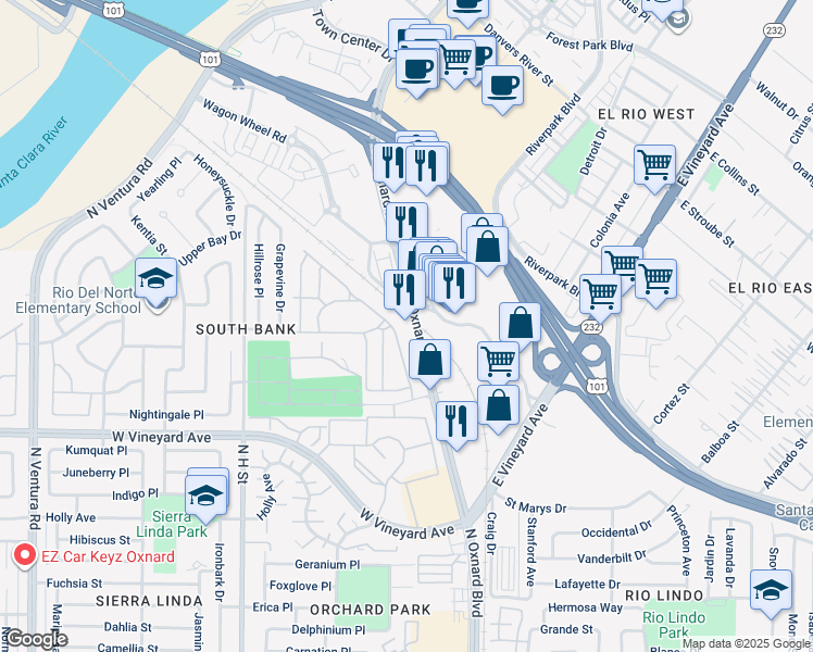 map of restaurants, bars, coffee shops, grocery stores, and more near in Oxnard