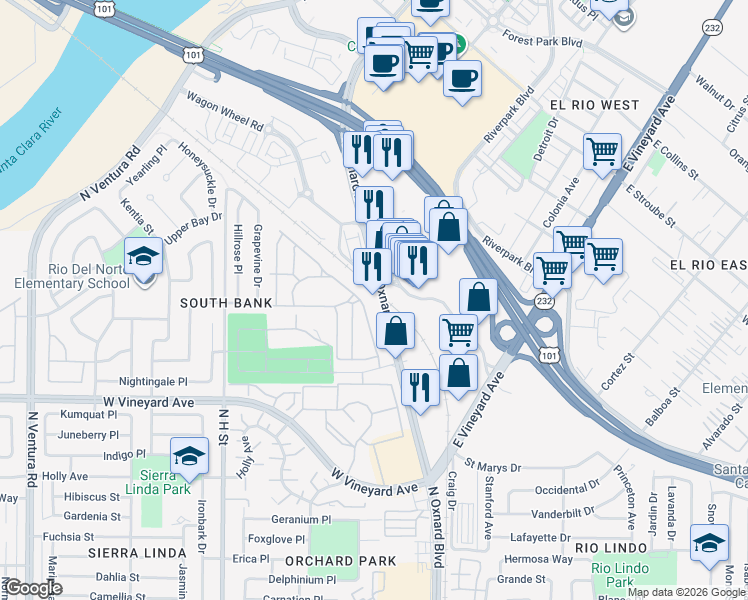 map of restaurants, bars, coffee shops, grocery stores, and more near in Oxnard