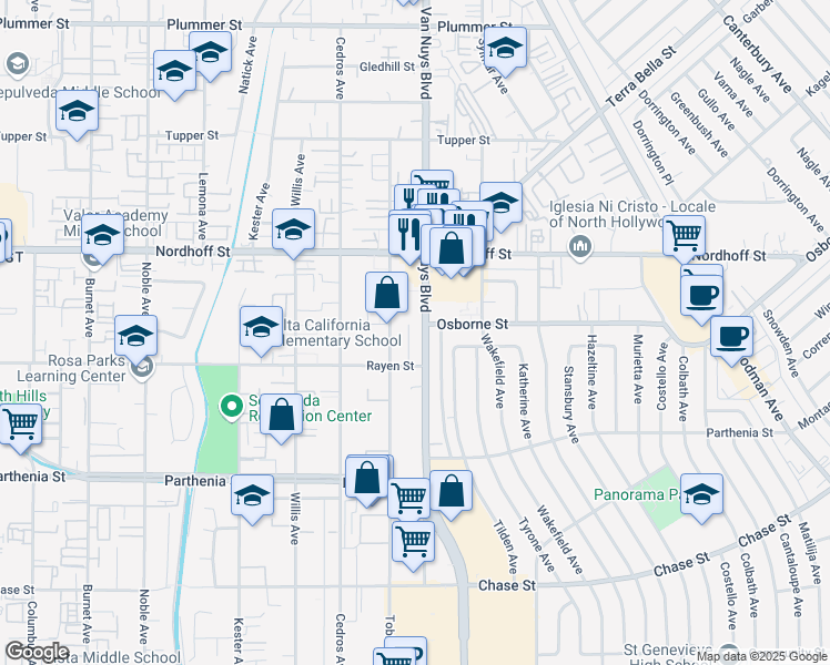 map of restaurants, bars, coffee shops, grocery stores, and more near 8935 Van Nuys Boulevard in Los Angeles