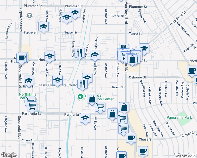 map of restaurants, bars, coffee shops, grocery stores, and more near 8936 Willis Avenue in Los Angeles