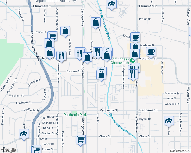 map of restaurants, bars, coffee shops, grocery stores, and more near 8901 Eton Avenue in Los Angeles