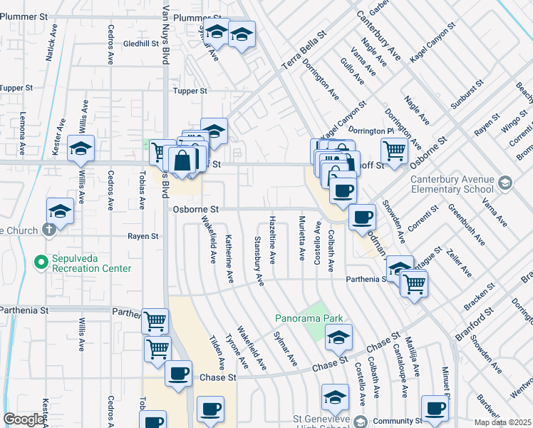 map of restaurants, bars, coffee shops, grocery stores, and more near 14314 Osborne Street in Los Angeles