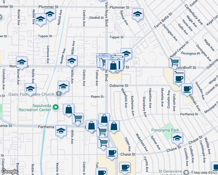 map of restaurants, bars, coffee shops, grocery stores, and more near 8935 Van Nuys Boulevard in Los Angeles