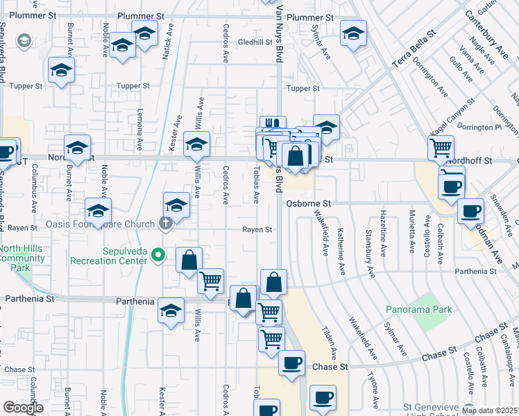 map of restaurants, bars, coffee shops, grocery stores, and more near 8943 Tobias Avenue in Los Angeles