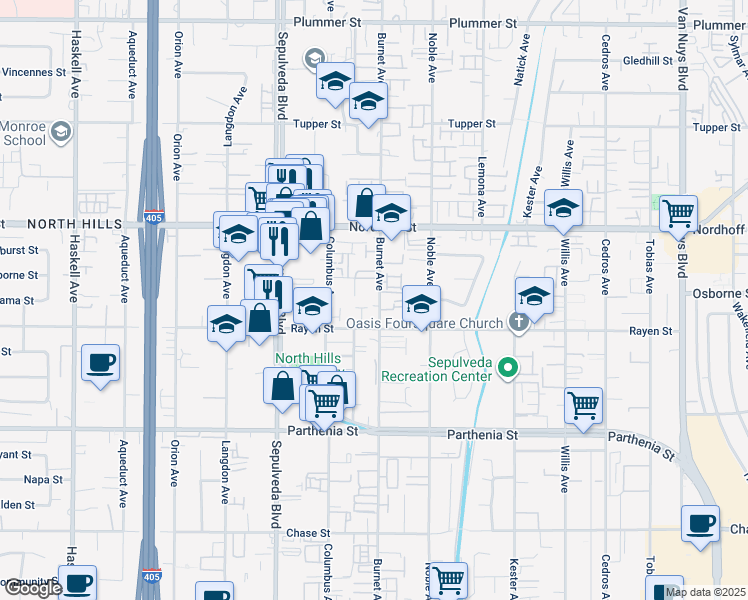 map of restaurants, bars, coffee shops, grocery stores, and more near 8935 Burnet Avenue in Los Angeles