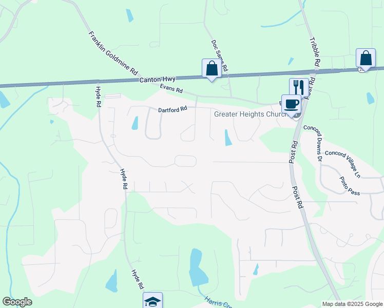 map of restaurants, bars, coffee shops, grocery stores, and more near 4970 Dawson Court in Cumming