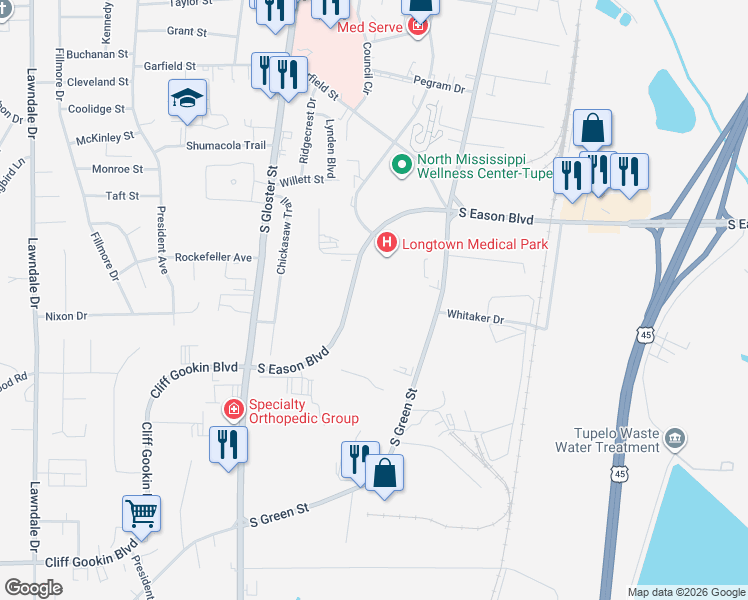 map of restaurants, bars, coffee shops, grocery stores, and more near 503-599 South Eason Boulevard in Tupelo