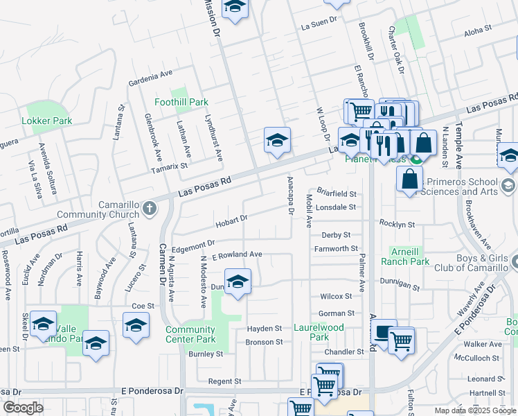 map of restaurants, bars, coffee shops, grocery stores, and more near 1867 Hobart Drive in Camarillo