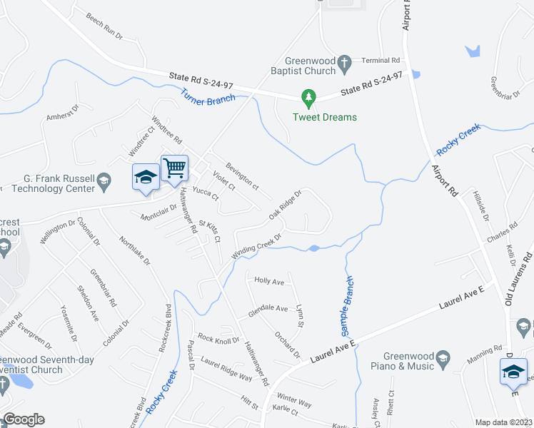 map of restaurants, bars, coffee shops, grocery stores, and more near 129 Oak Ridge Drive in Greenwood