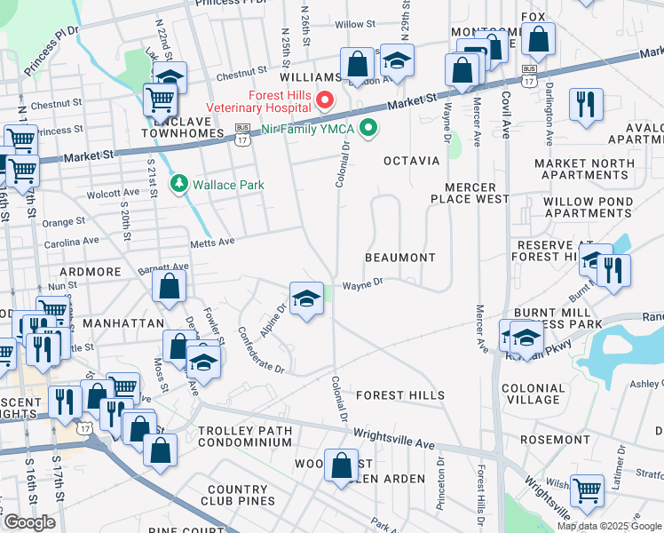 map of restaurants, bars, coffee shops, grocery stores, and more near 413 Forest Hills Drive in Wilmington