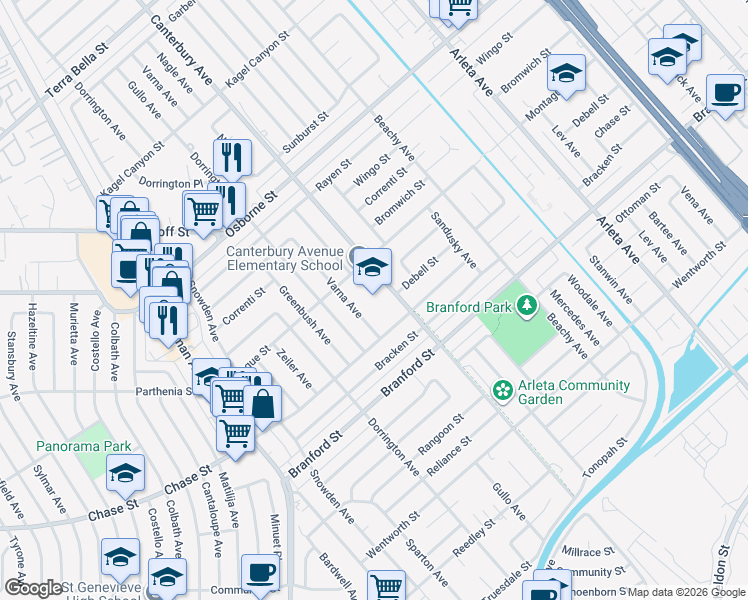 map of restaurants, bars, coffee shops, grocery stores, and more near 13670 Montague Street in Los Angeles