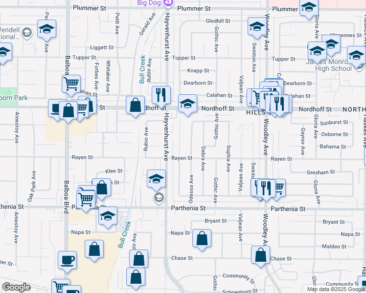 map of restaurants, bars, coffee shops, grocery stores, and more near 8926 Monogram Avenue in Los Angeles
