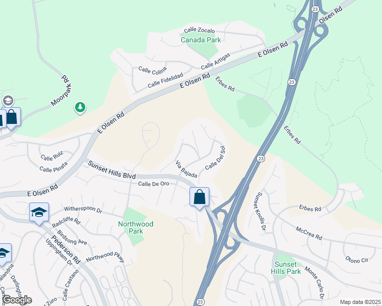 map of restaurants, bars, coffee shops, grocery stores, and more near 1579 Via Parque in Thousand Oaks