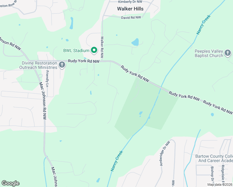 map of restaurants, bars, coffee shops, grocery stores, and more near 2 Tower Ridge Road Northwest in Cartersville