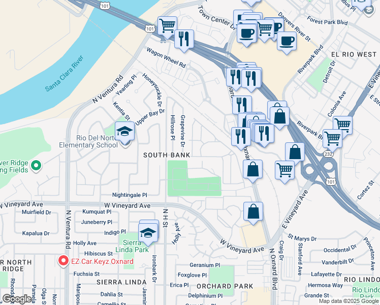 map of restaurants, bars, coffee shops, grocery stores, and more near 2471 Elderberry Drive in Oxnard