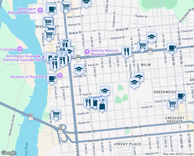 map of restaurants, bars, coffee shops, grocery stores, and more near 209 South 6th Street in Wilmington