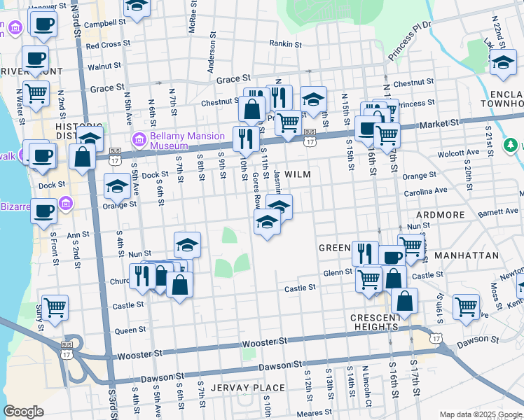 map of restaurants, bars, coffee shops, grocery stores, and more near 219 Gores Row in Wilmington