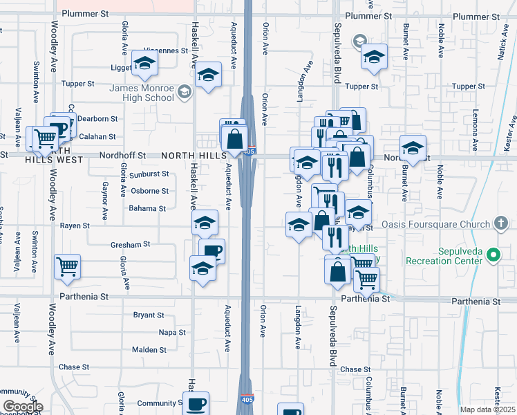 map of restaurants, bars, coffee shops, grocery stores, and more near 8935 Orion Avenue in Los Angeles