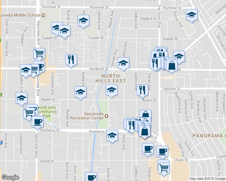 map of restaurants, bars, coffee shops, grocery stores, and more near 8936 Kester Avenue in Los Angeles
